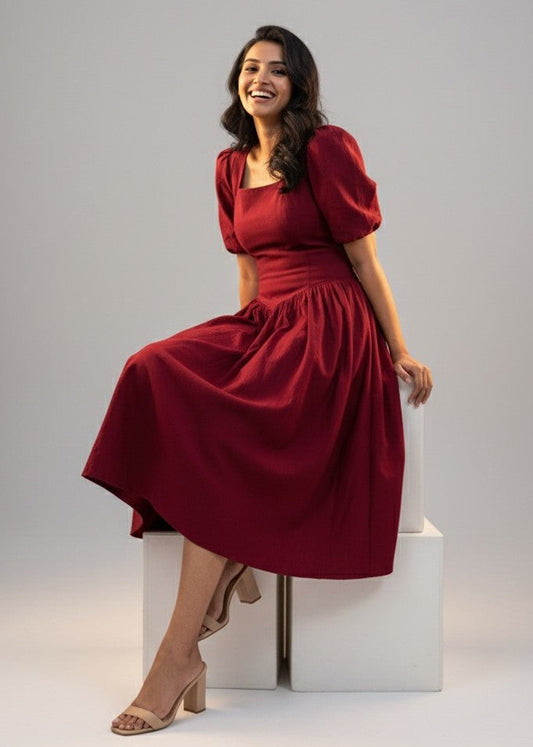 Woman in a red dress sitting on a white cube against a plain background