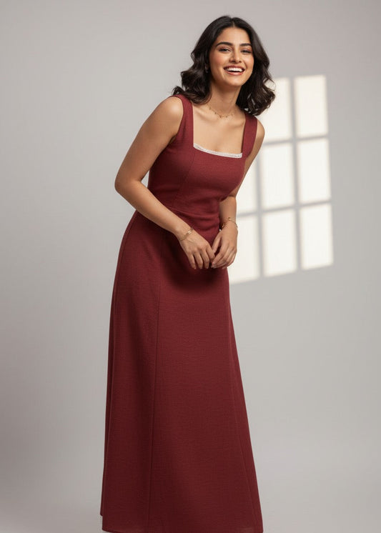 Woman wearing a long burgundy dress against a neutral background