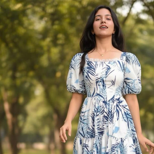 Woman wearing a blue and white floral dress standing in a park.