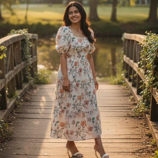 Blush Garden Puff-Sleeve Midi Dress (VB07)