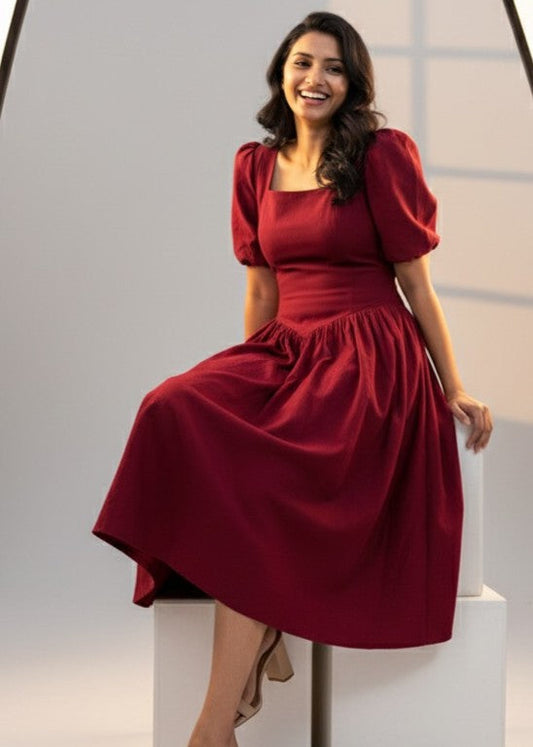 Woman in a red dress sitting on a white block against a light gray background