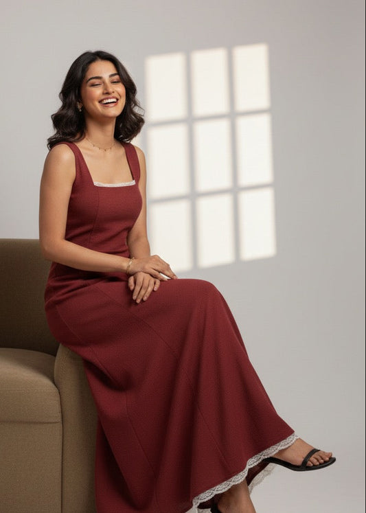 Woman in a red dress sitting on a couch with a neutral background