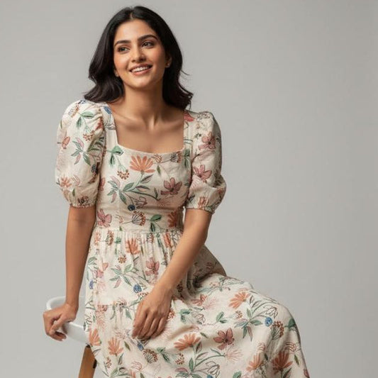 Blush Garden Puff-Sleeve Midi Dress (VB07)